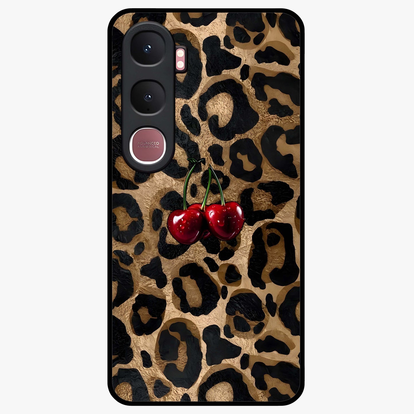 Leopard Wild Cherry Glass Case showing flat back view with leopard pattern and cherry artwork and glossy glass finish.