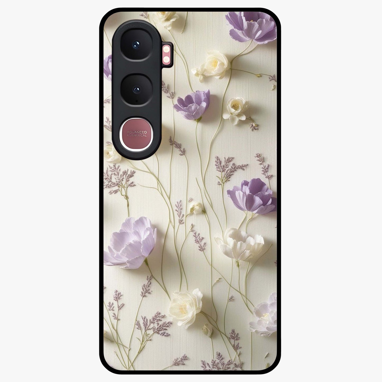 Lilac Breeze Harmony Glass Case showing flat back view with soft lilac themed artwork and glossy glass finish.