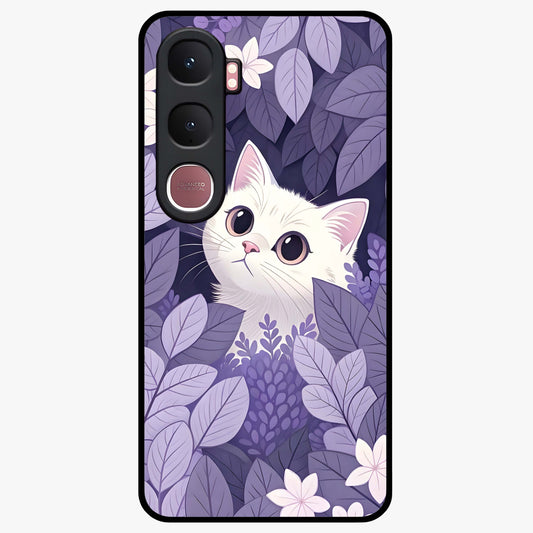 Lilac Hide Peek Cat Glass Case showing flat back view with cute peeking cat artwork and glossy glass finish.
