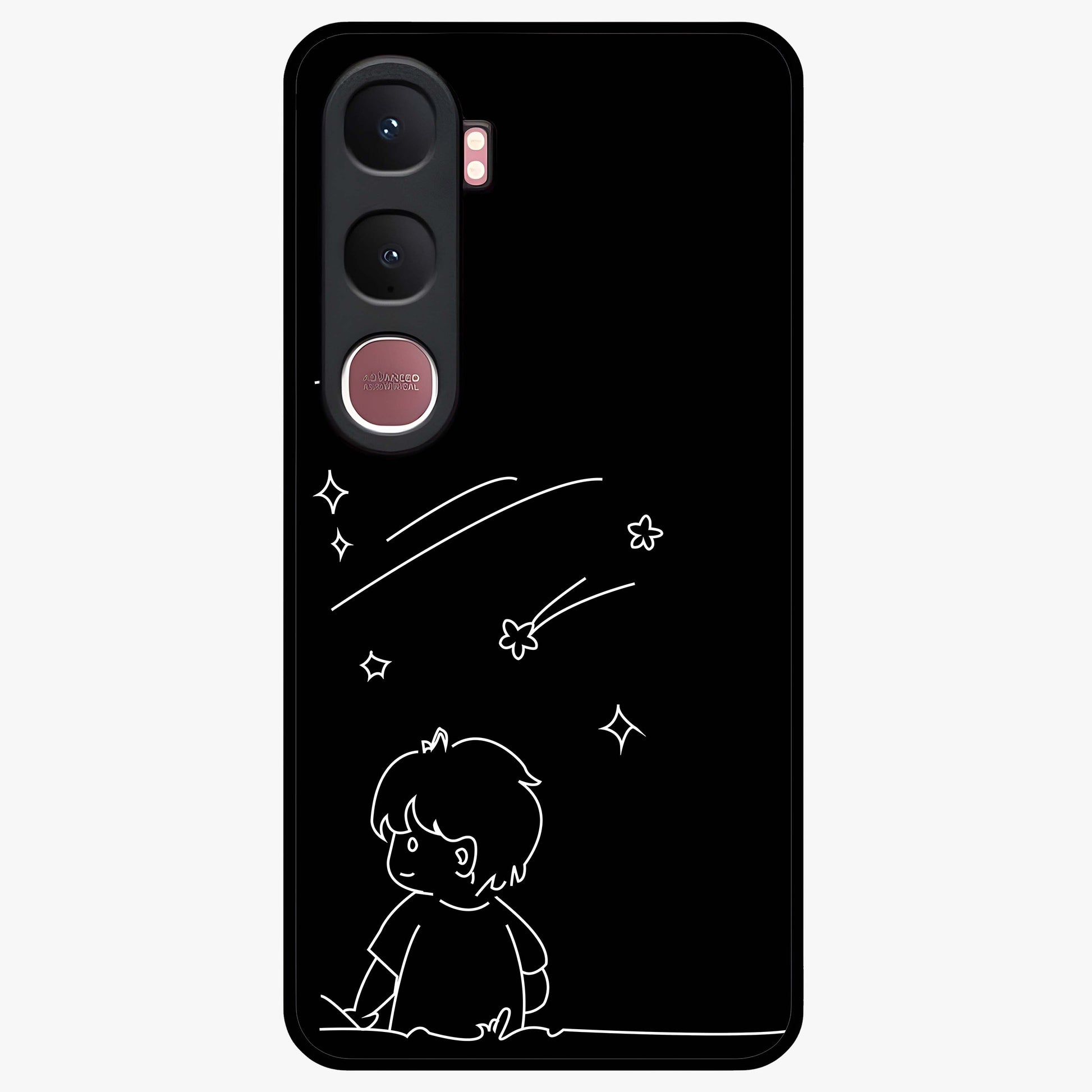 Line Art Boy With Shooting Stars Glass Case showing flat back view with minimal line art boy and shooting stars illustration and glossy glass finish.