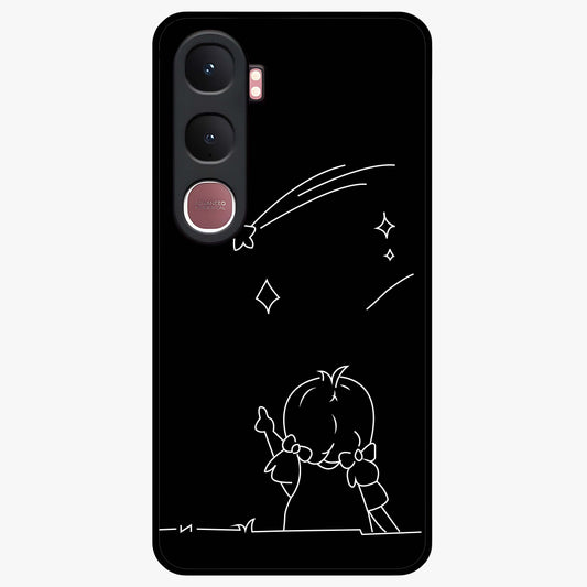 Line Art Girl With Shooting Stars Glass Case showing flat back view with minimal line art girl and shooting stars illustration and glossy glass finish.