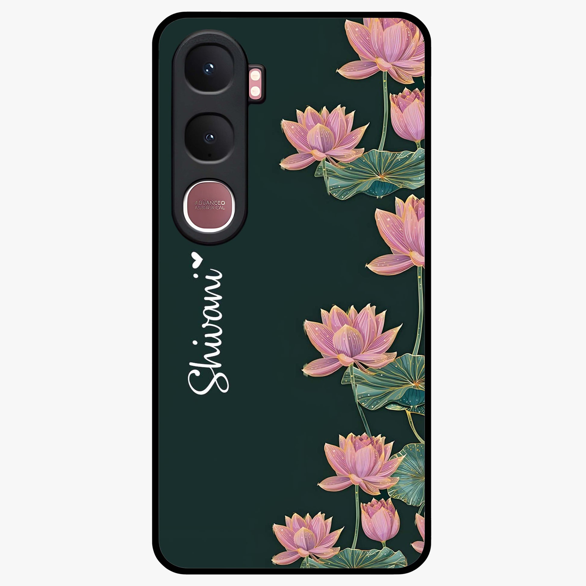 Lotus Bloom Serenity Custom Name Glass Case showing flat back view with elegant lotus flower artwork and personalized name design.