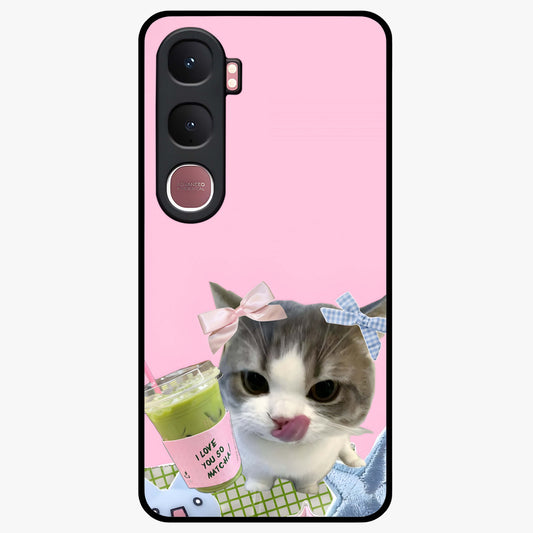 Love Matcha Cat Glass Case showing flat back view with cute cat and matcha themed artwork and glossy glass finish.