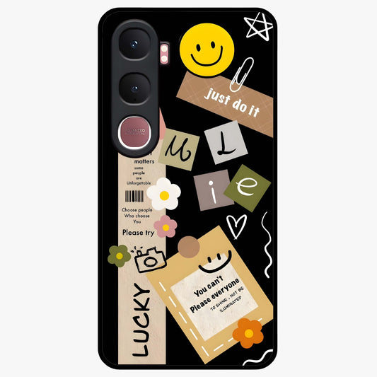 Lucky Aesthetic Collage Glass Case showing flat back view with trendy aesthetic collage artwork and glossy glass finish.