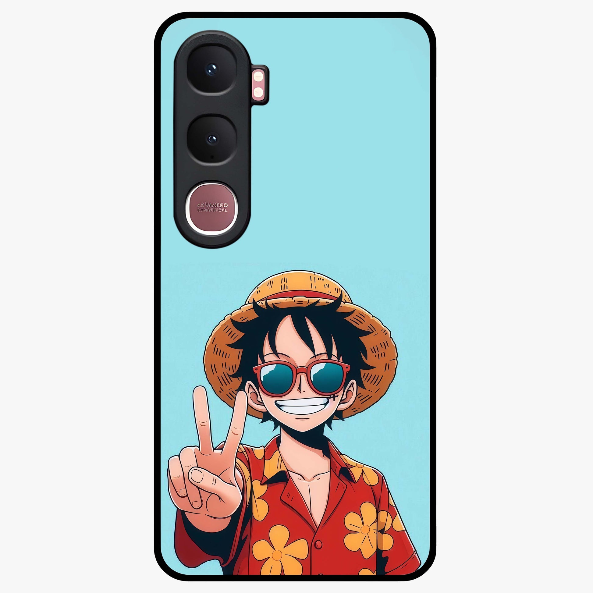 Luffy Summer Anime Vibe Glass Case showing flat back view with vibrant anime character artwork and glossy glass finish.