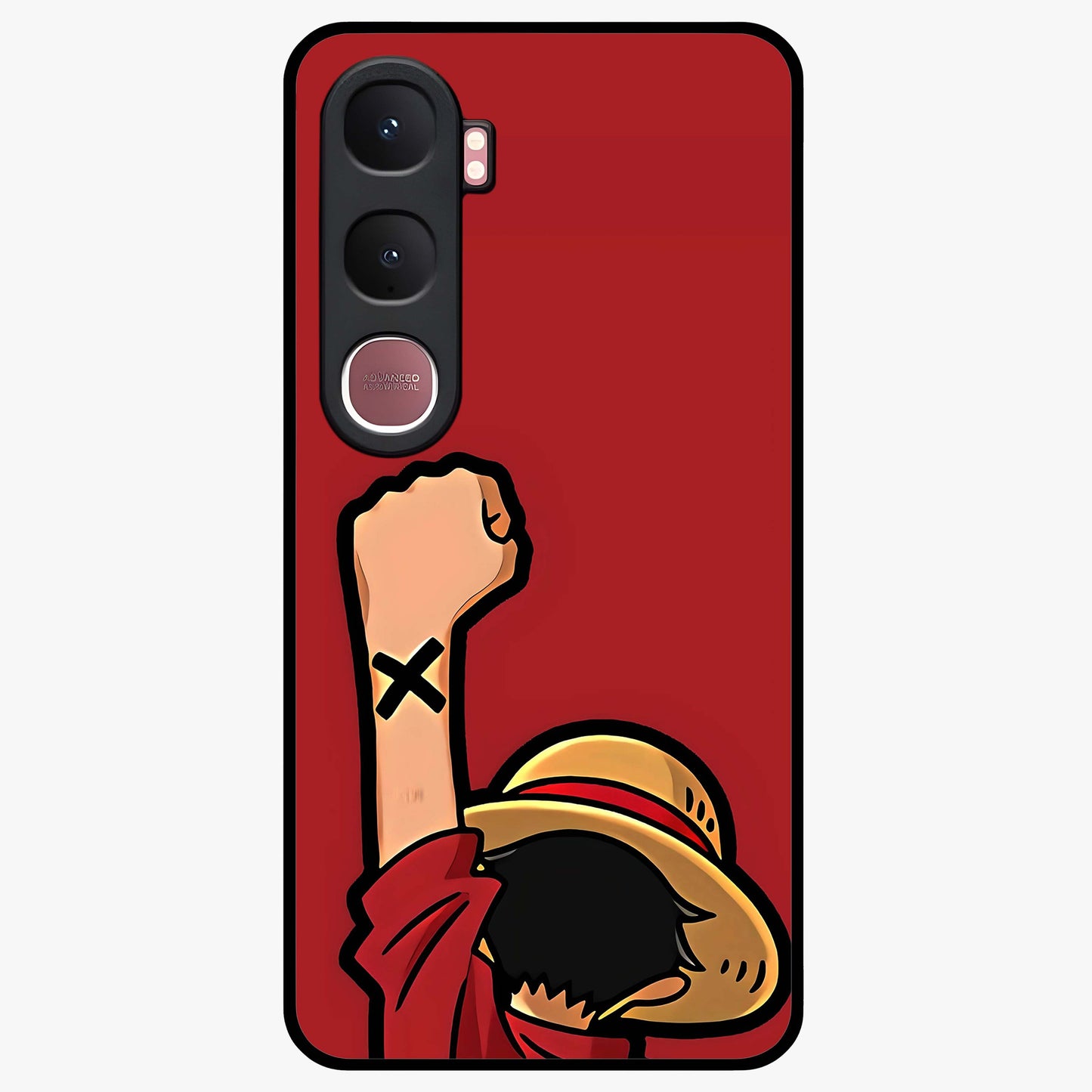 Luffy X Spirit Glass Case showing flat back view with bold anime character artwork and glossy glass finish.