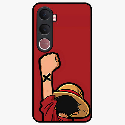 Luffy X Spirit Glass Case showing flat back view with bold anime character artwork and glossy glass finish.