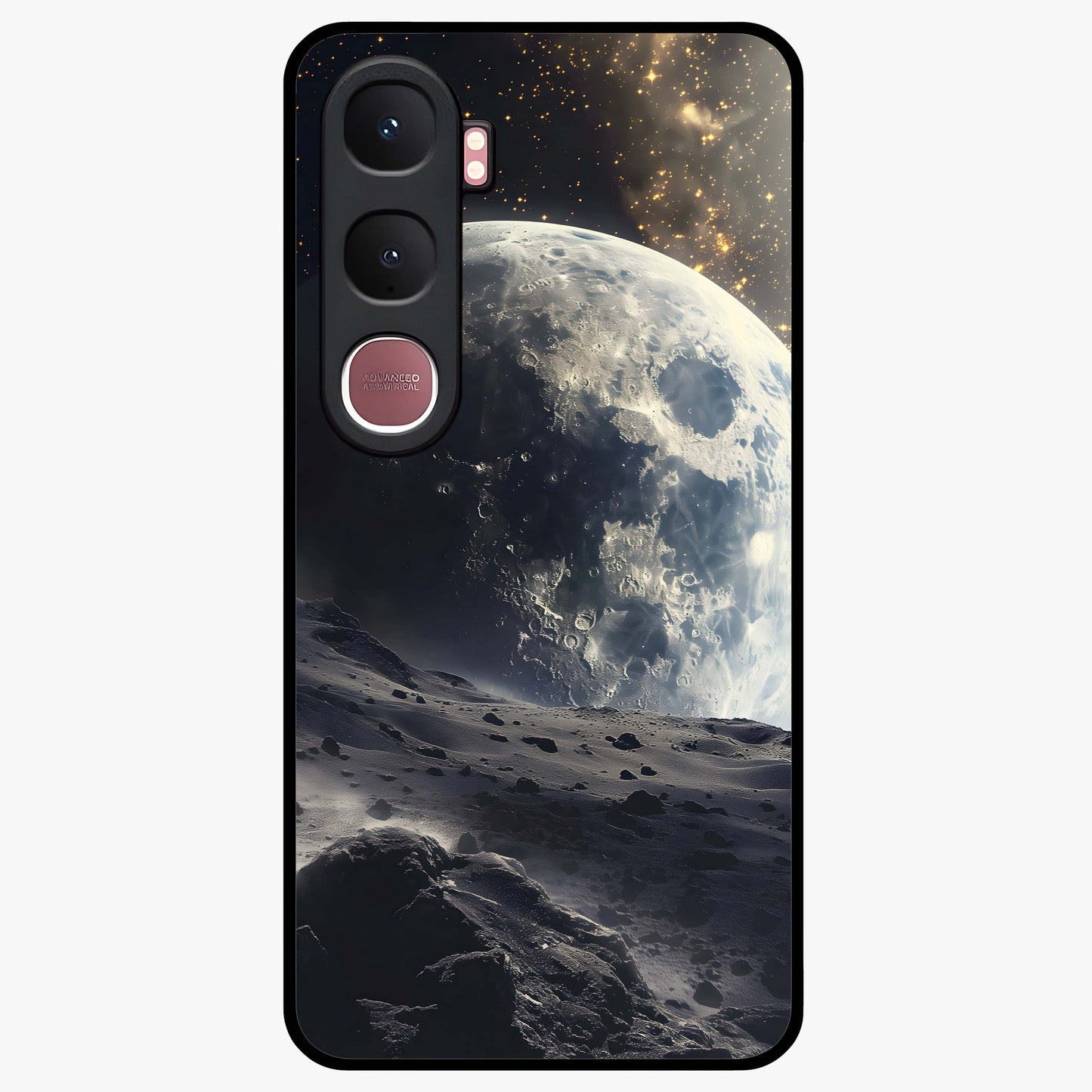 Lunar Horizon Glow Glass Case showing flat back view with glowing moon horizon artwork and glossy glass finish.