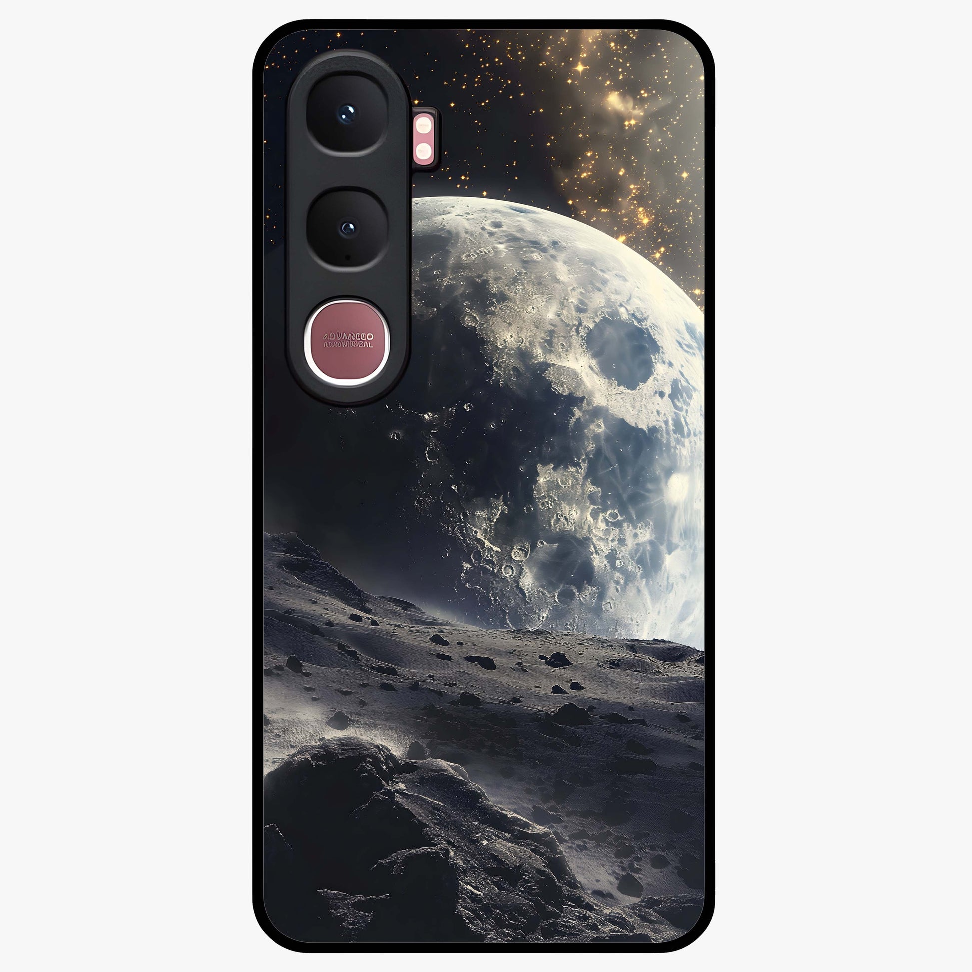 Lunar Horizon Glow Glass Case showing flat back view with glowing moon horizon artwork and glossy glass finish.