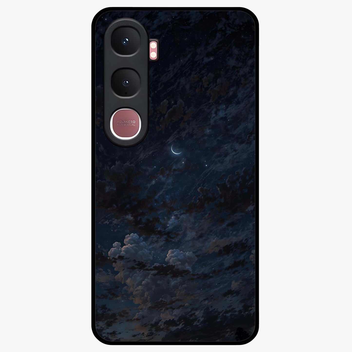 Lunar Veil Silence Glass Case showing flat back view with mystical moon veil artwork and glossy glass finish.