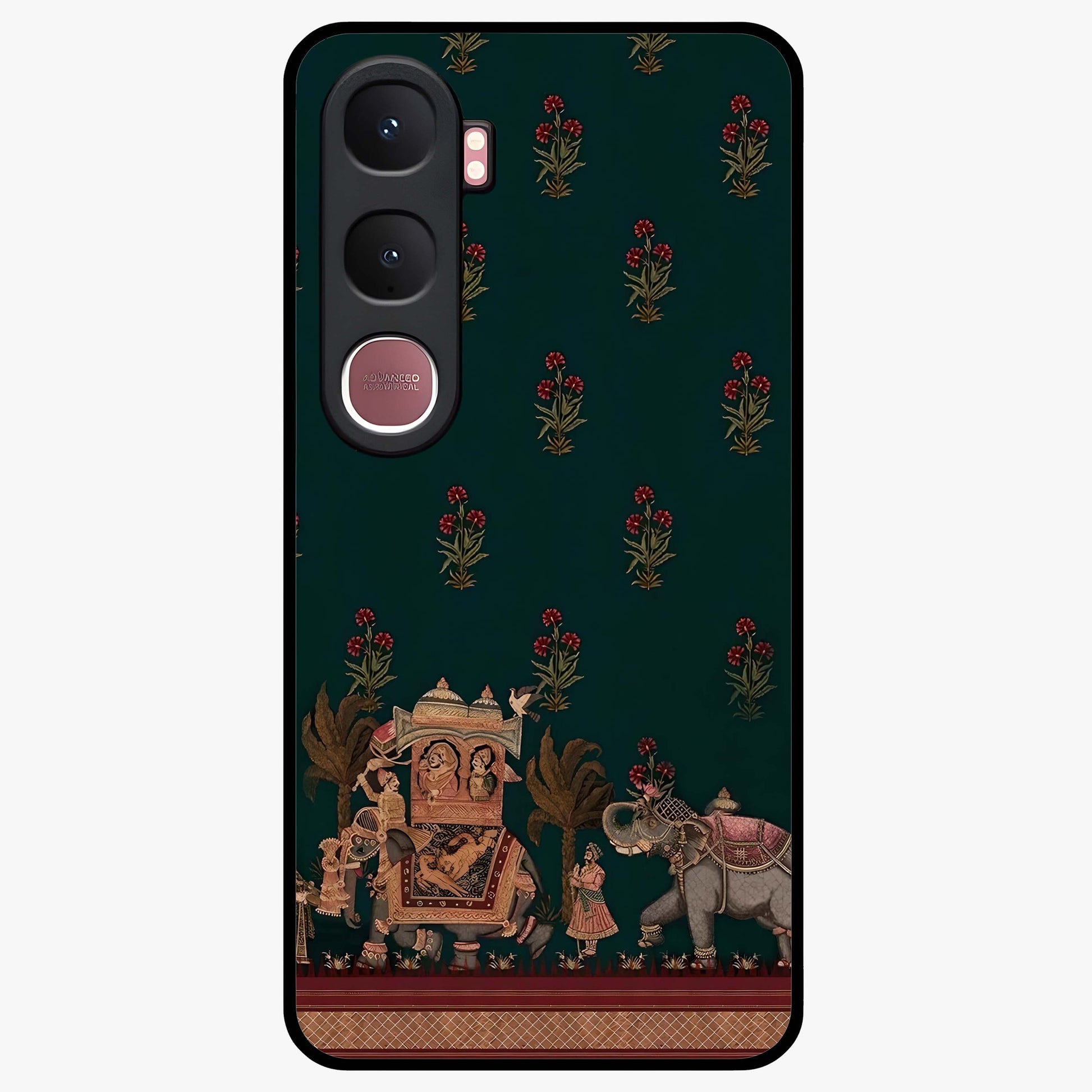 Macmerise Glass Case showing flat back view with stylish modern artwork and glossy glass finish.