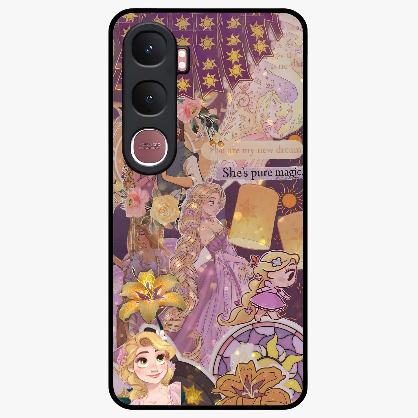 Magical Tangled Dream Glass Case showing flat back view with dreamy tangled artwork and glossy glass finish.