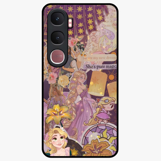 Magical Tangled Dream Glass Case showing flat back view with dreamy tangled artwork and glossy glass finish.