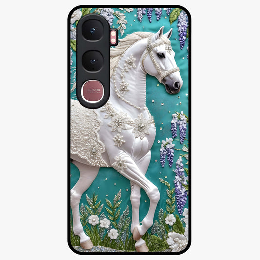 Majestic Floral Stallion Glass Case showing flat back view with powerful horse and floral artwork and glossy glass finish.