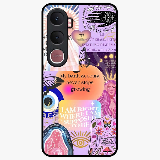 Manifestation Collage Glass Case showing flat back view with motivational collage artwork and glossy glass finish.