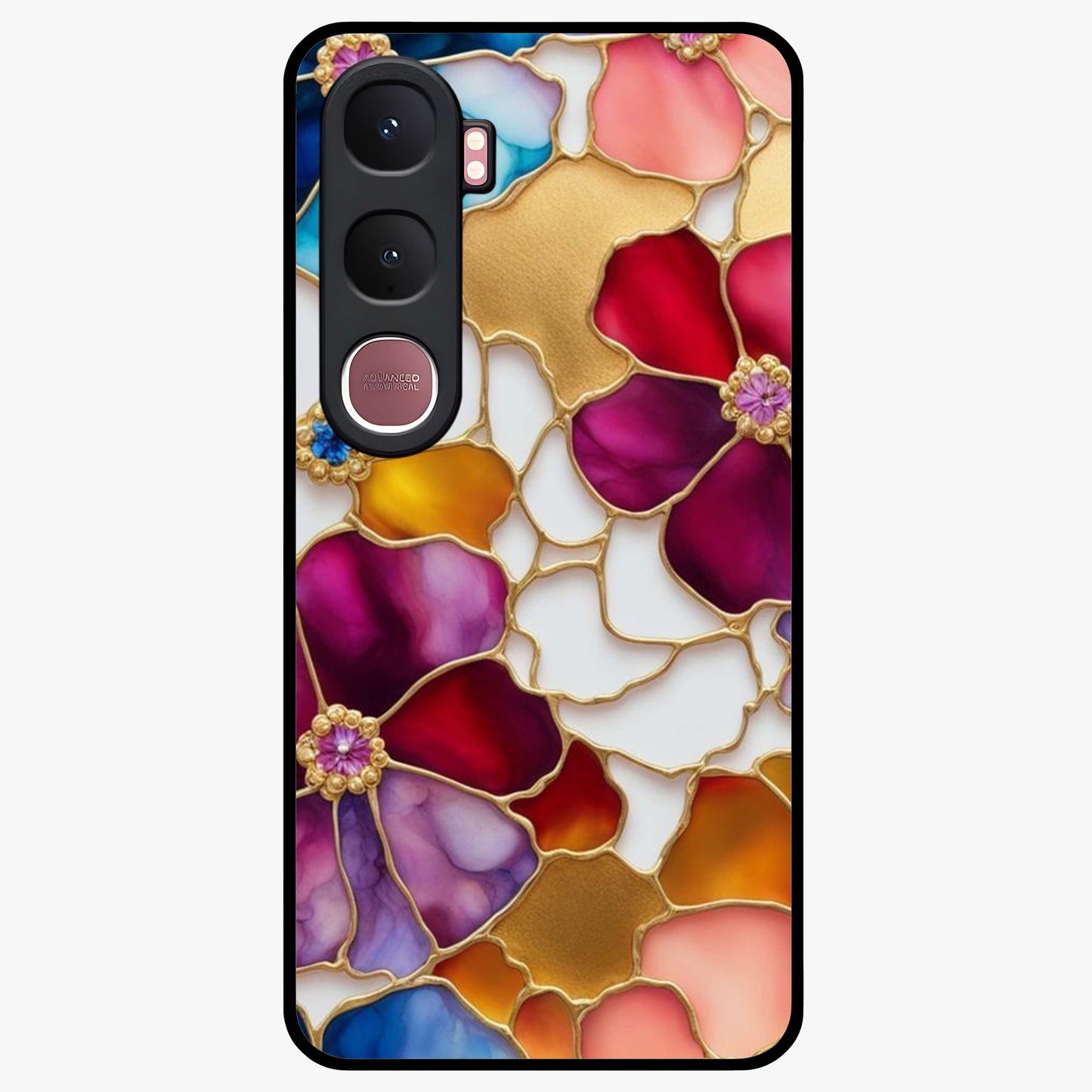 Marble Flower Pattern Glass Case showing flat back view with marble texture floral artwork and glossy glass finish.