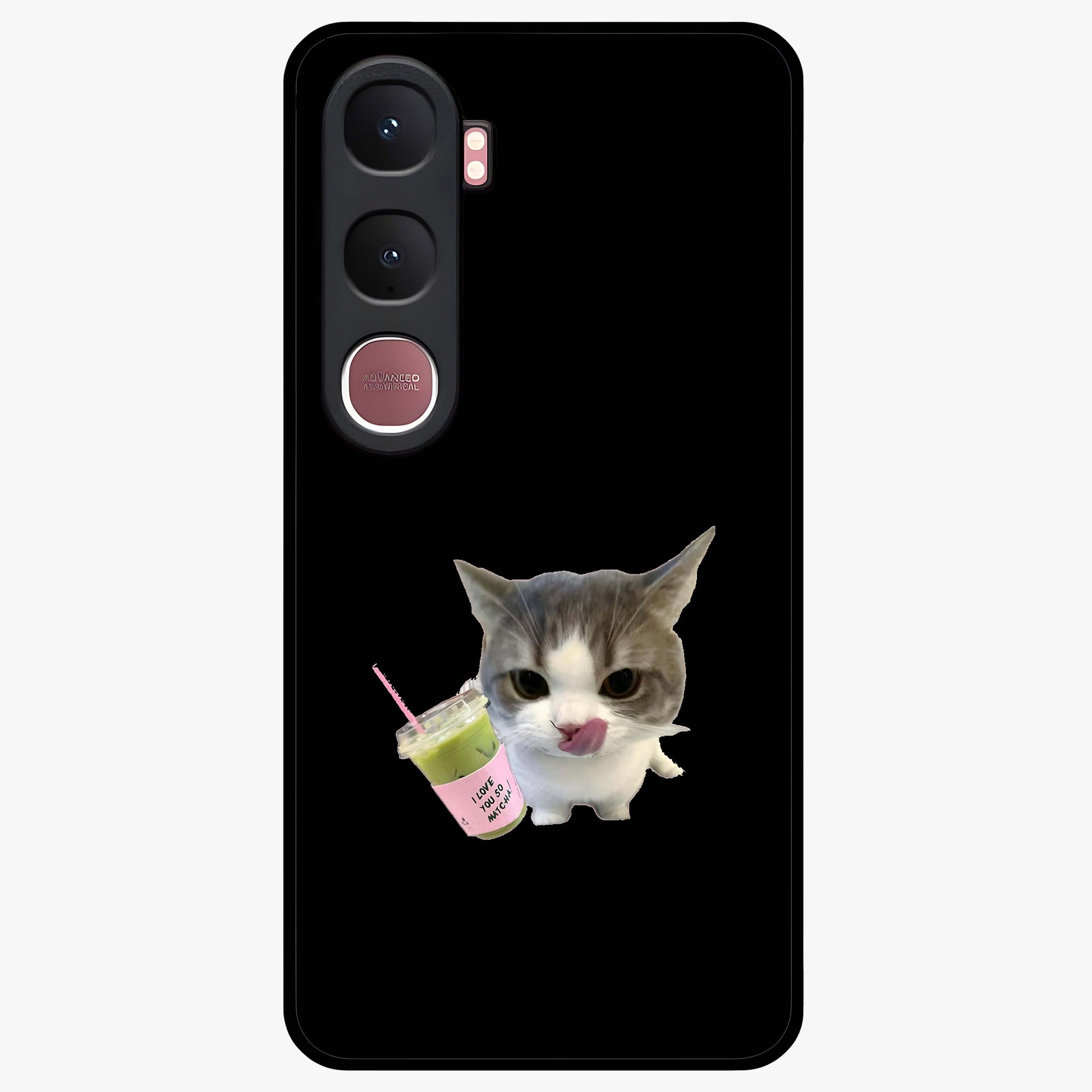 Matcha Cat Style Glass Case showing flat back view with cute matcha themed cat artwork and glossy glass finish.