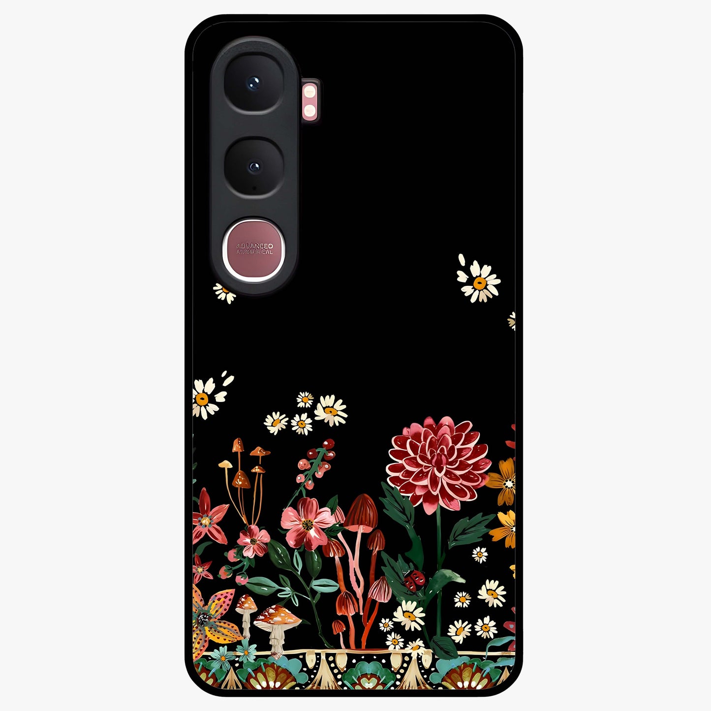 Midnight Bloom Pattern Glass Case showing flat back view with dark floral pattern artwork and glossy glass finish.