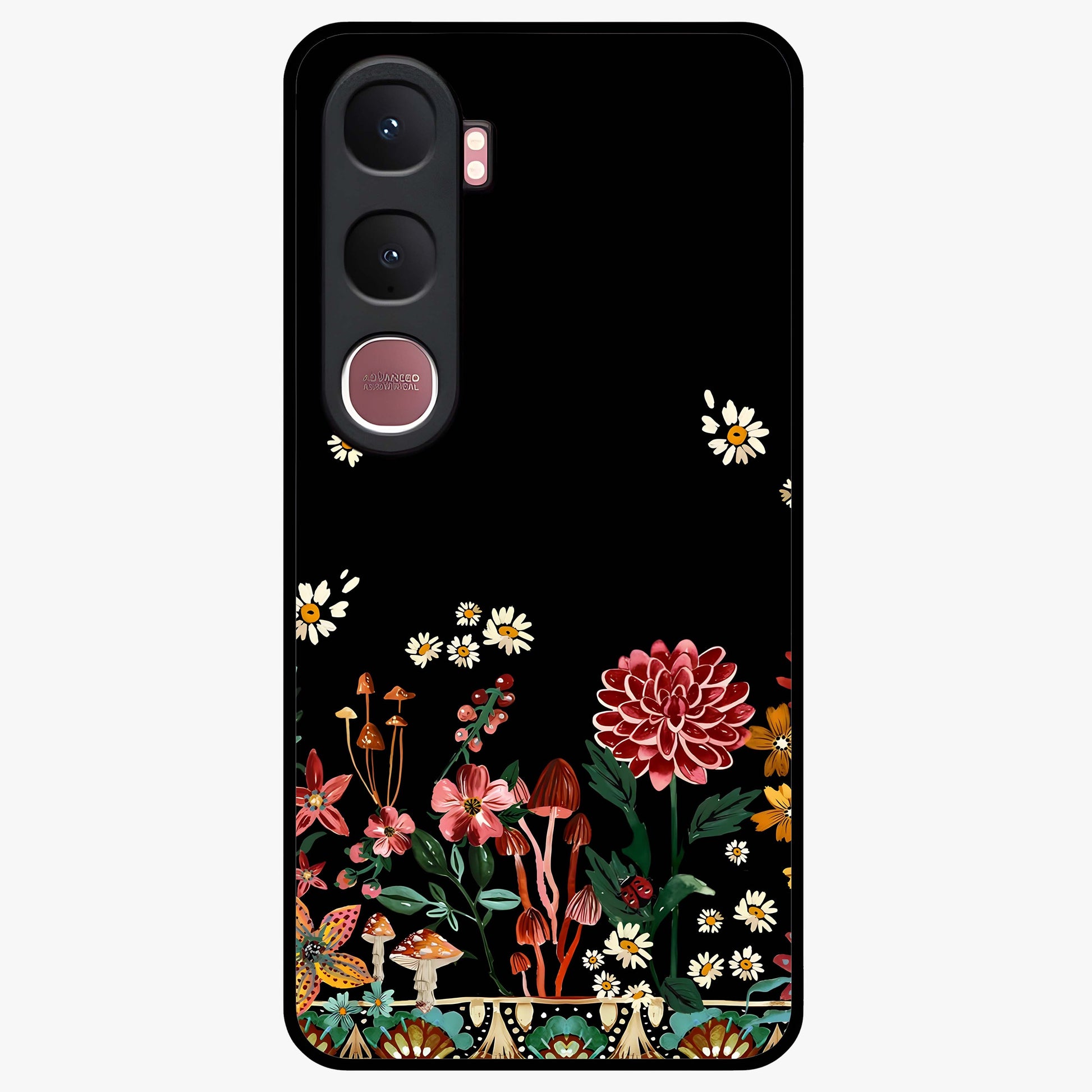 Midnight Bloom Pattern Glass Case showing flat back view with dark floral pattern artwork and glossy glass finish.