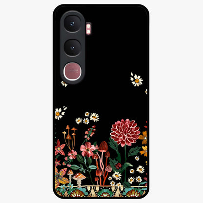 Midnight Bloom Pattern Glass Case showing flat back view with dark floral pattern artwork and glossy glass finish.