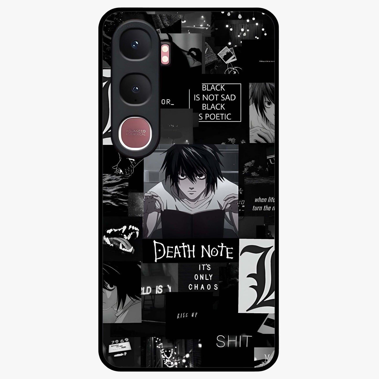 Midnight Chaos Mind Glass Case showing flat back view with abstract dark themed artwork and glossy glass finish.