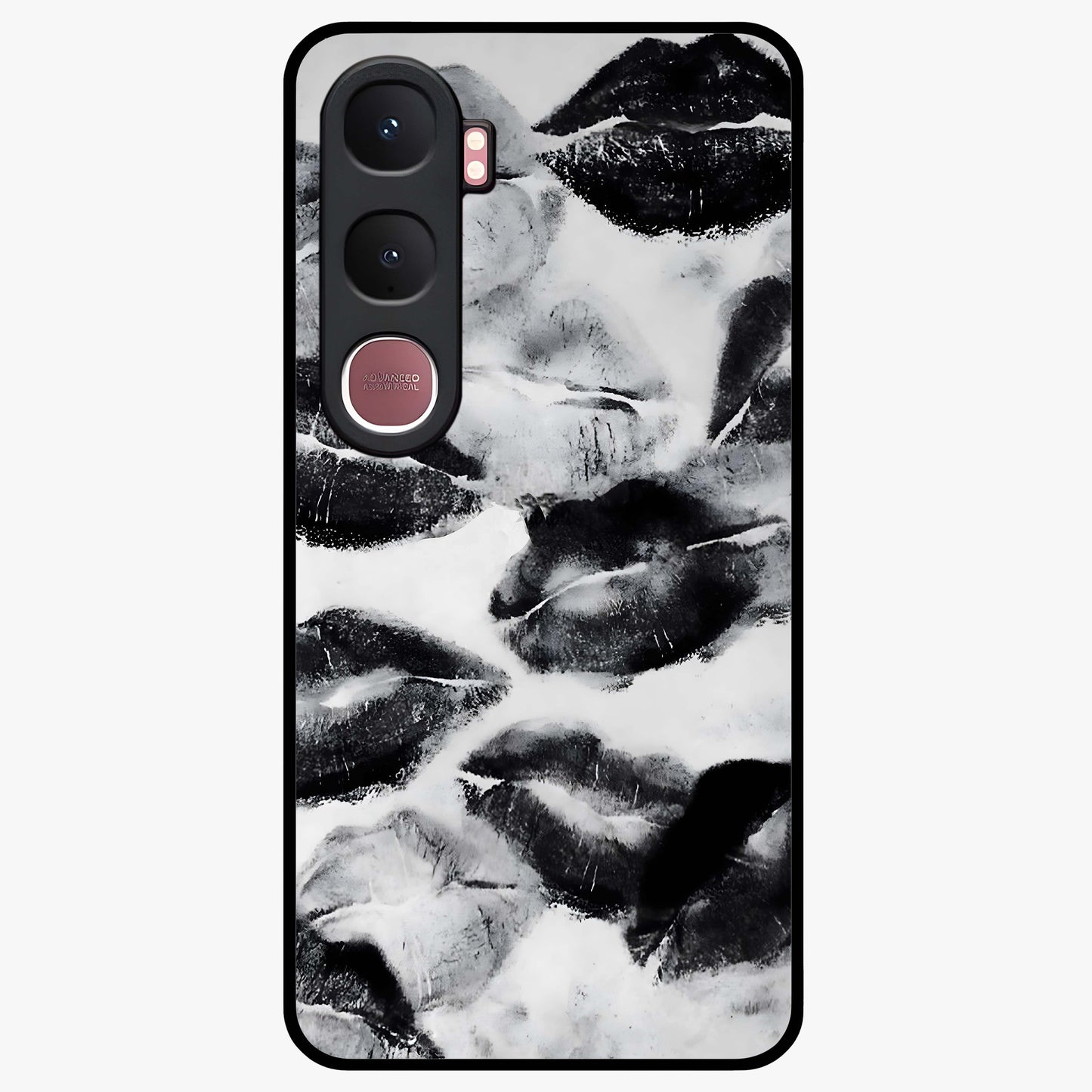 Midnight Kiss Marks Glass Case showing flat back view with lipstick kiss mark artwork and glossy glass finish.