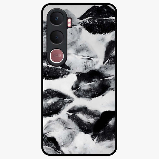 Midnight Kiss Marks Glass Case showing flat back view with lipstick kiss mark artwork and glossy glass finish.