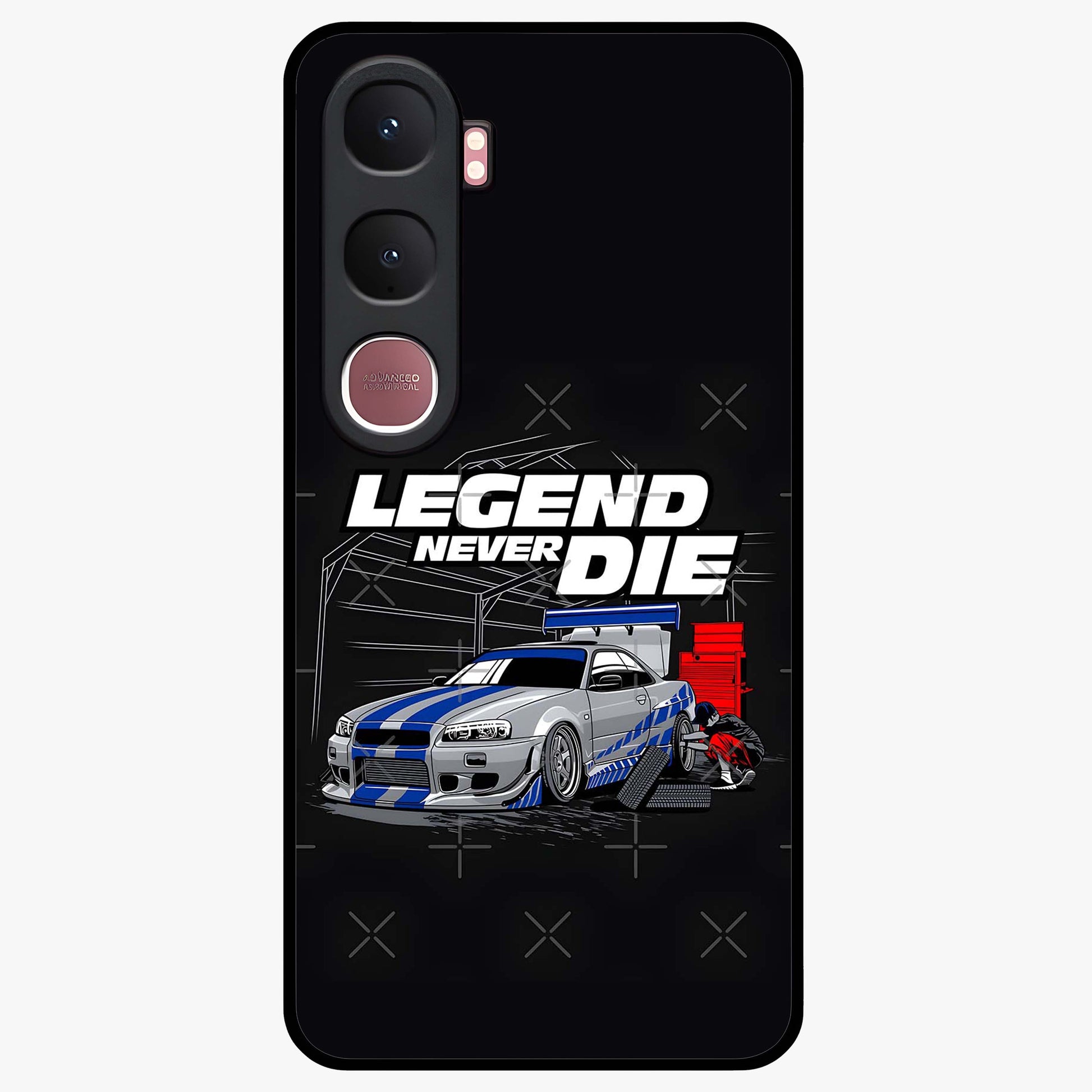 Midnight Racing Legacy Glass Case showing flat back view with sleek racing inspired artwork and glossy glass finish.