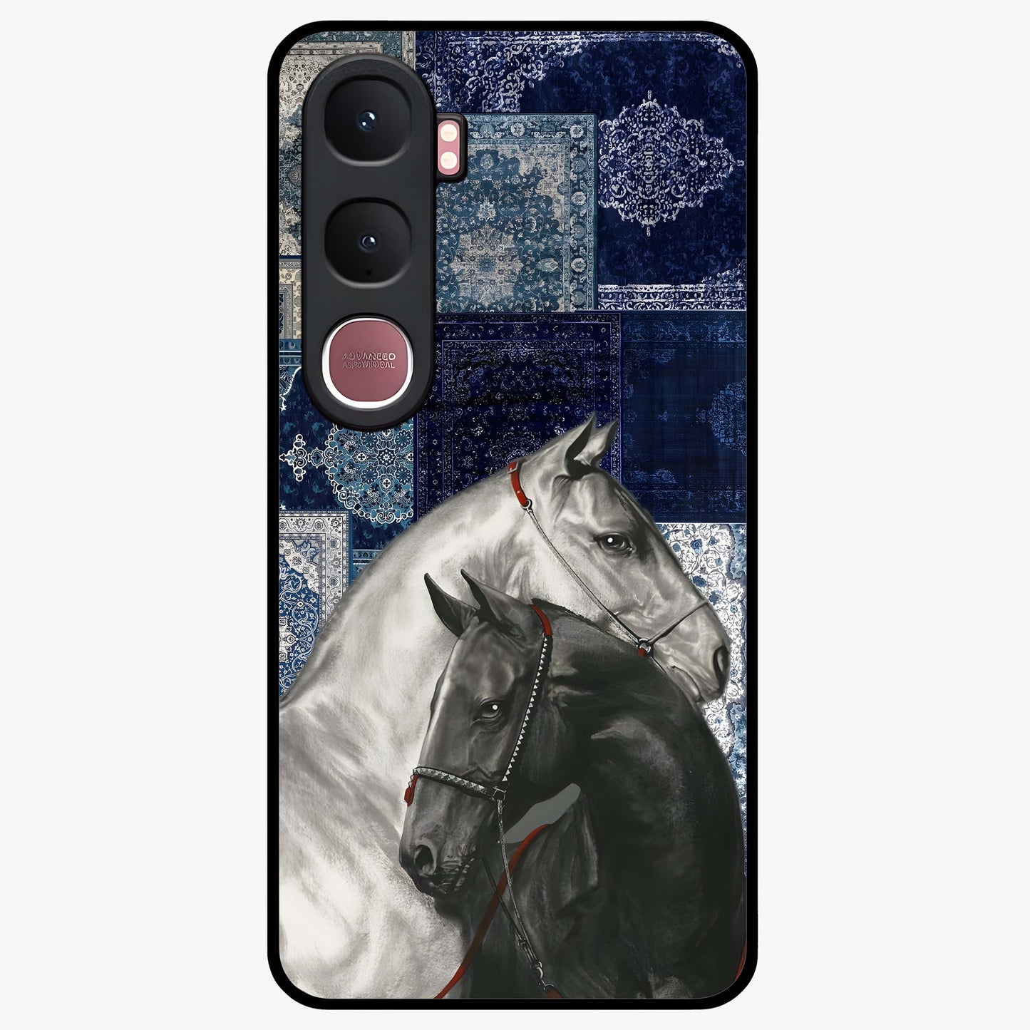 Midnight Stallion Blues Glass Case showing flat back view with majestic horse artwork and glossy glass finish.