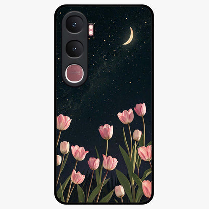 Midnight Tulip Whispers Vibe Glass Case showing flat back view with elegant tulip flower artwork and glossy glass finish.