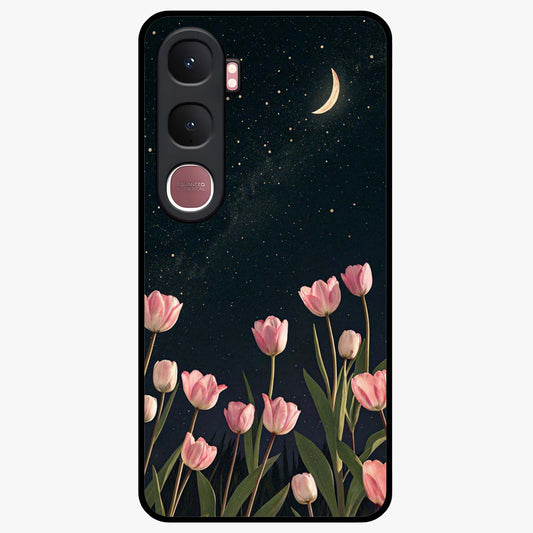 Midnight Tulip Whispers Vibe Glass Case showing flat back view with elegant tulip flower artwork and glossy glass finish.