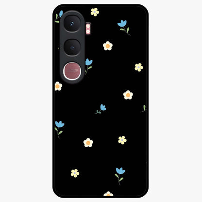 Minimalistic Blue With White Flower Pattern Glass Case showing flat back view with blue background and white flower pattern and glossy glass finish.
