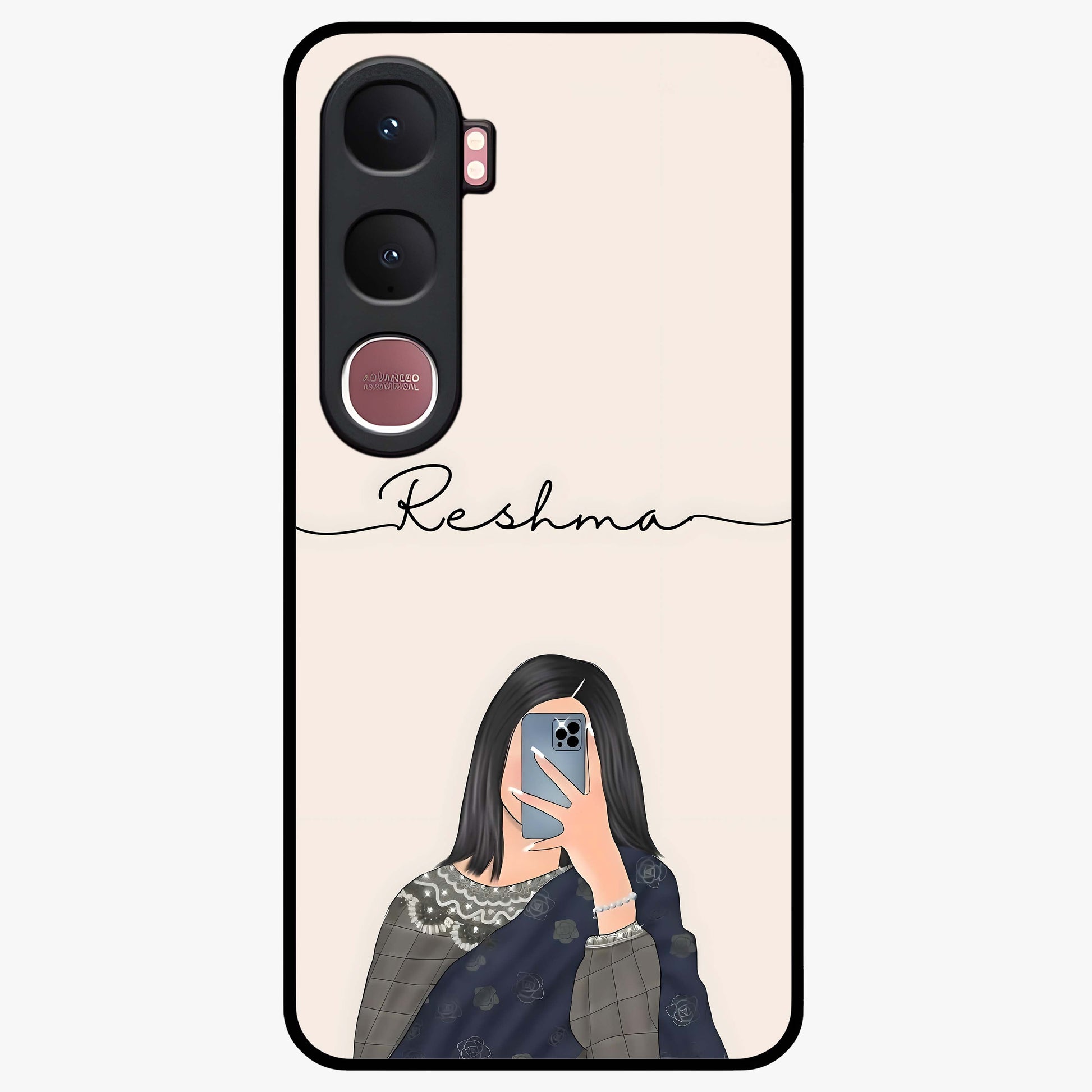 Mirror Mood Muse With Custom Name Glass Case showing flat back view with stylish mirrored artwork and personalized name design.