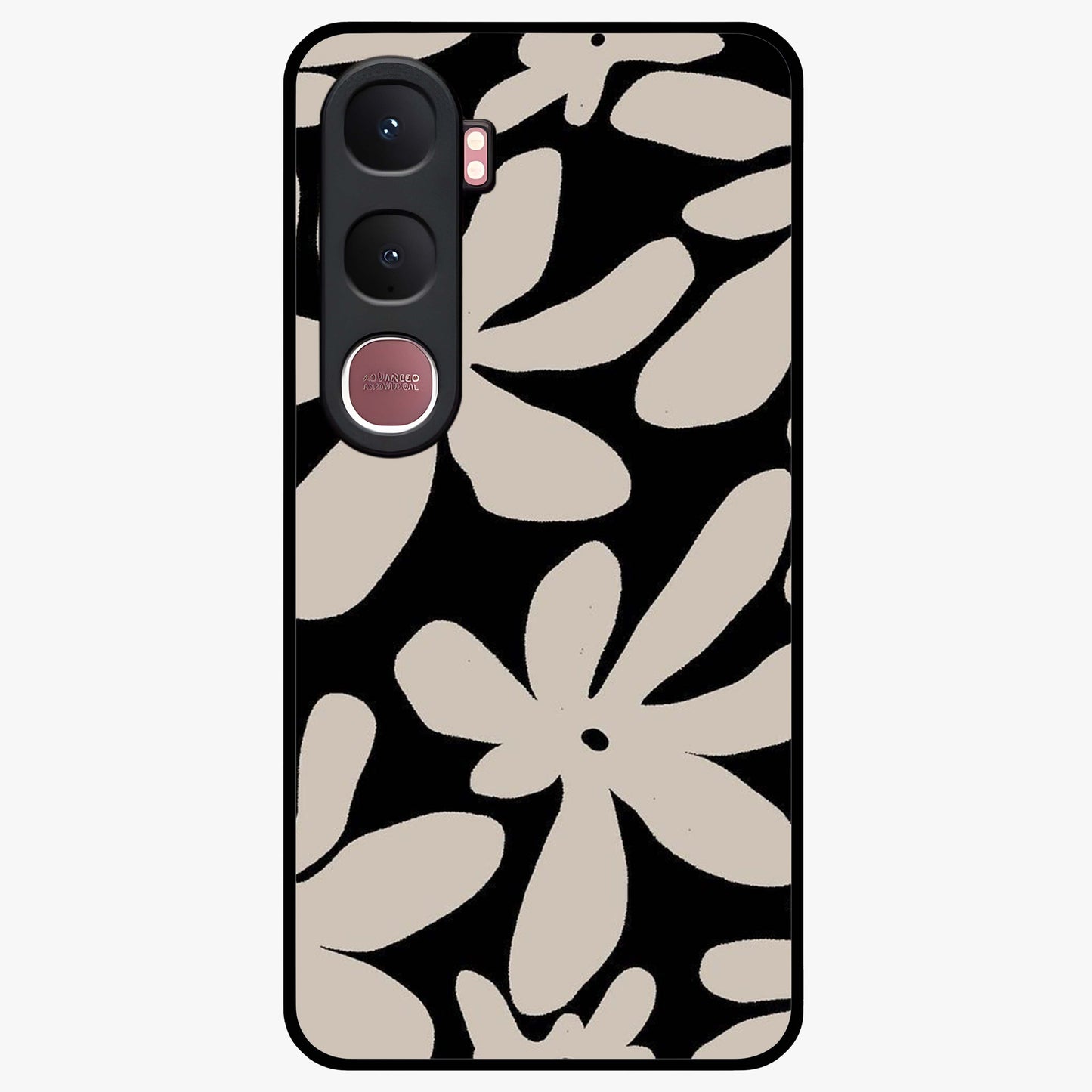 Monochrome Petal Dance Glass Case showing flat back view with monochrome floral artwork and glossy glass finish.
