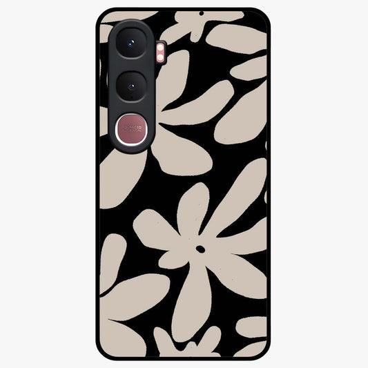 Monochrome Petal Dance Glass Case showing flat back view with monochrome floral artwork and glossy glass finish.