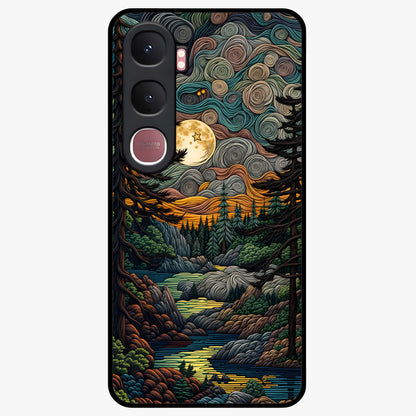 Moonlight Forest Dream Glass Case showing flat back view with mystical forest moonlight artwork and glossy glass finish.