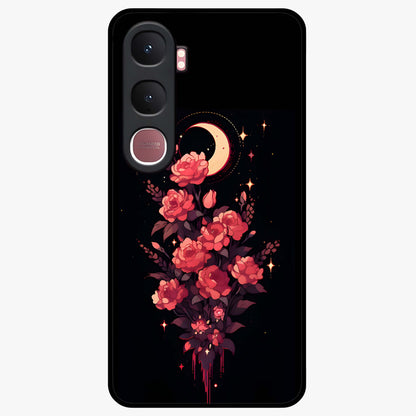 Moonlit Floral Elegance Glass Case showing flat back view with elegant floral artwork under moonlit tones and glossy glass finish.