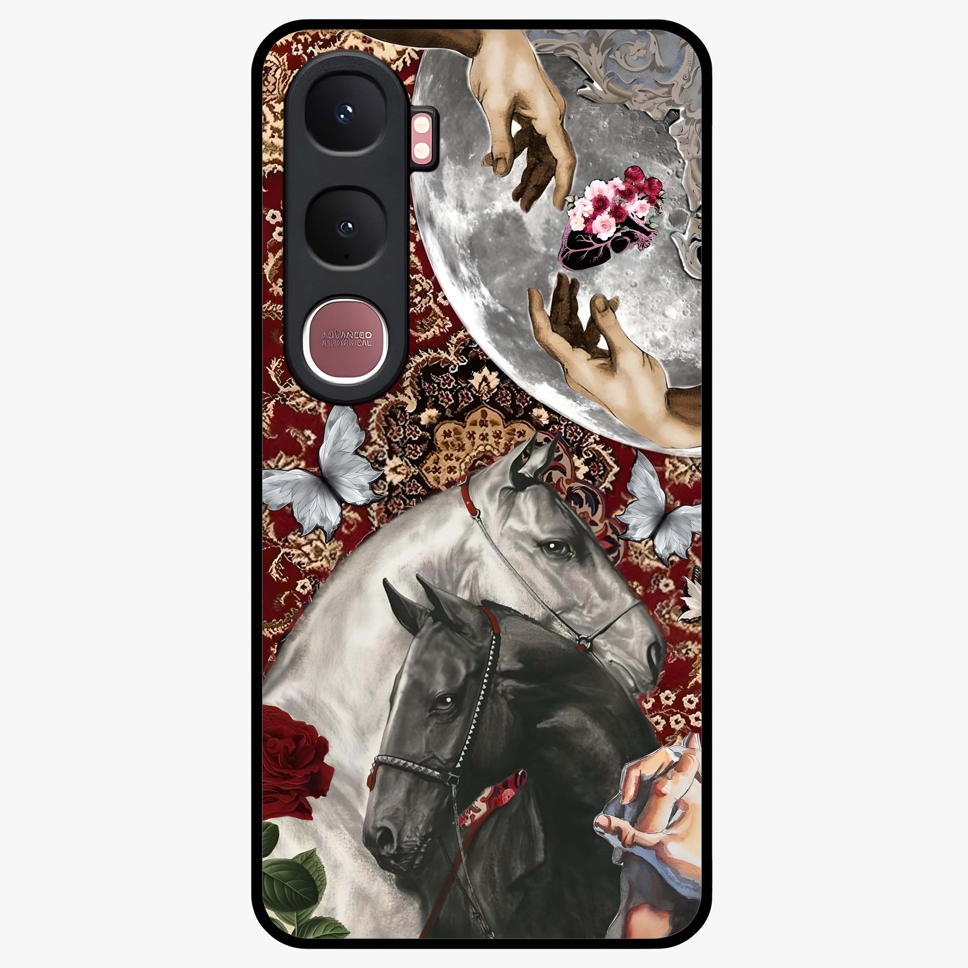 Moonlit Royal Stallion Glass Case showing flat back view with majestic horse under moonlight artwork and glossy glass finish.