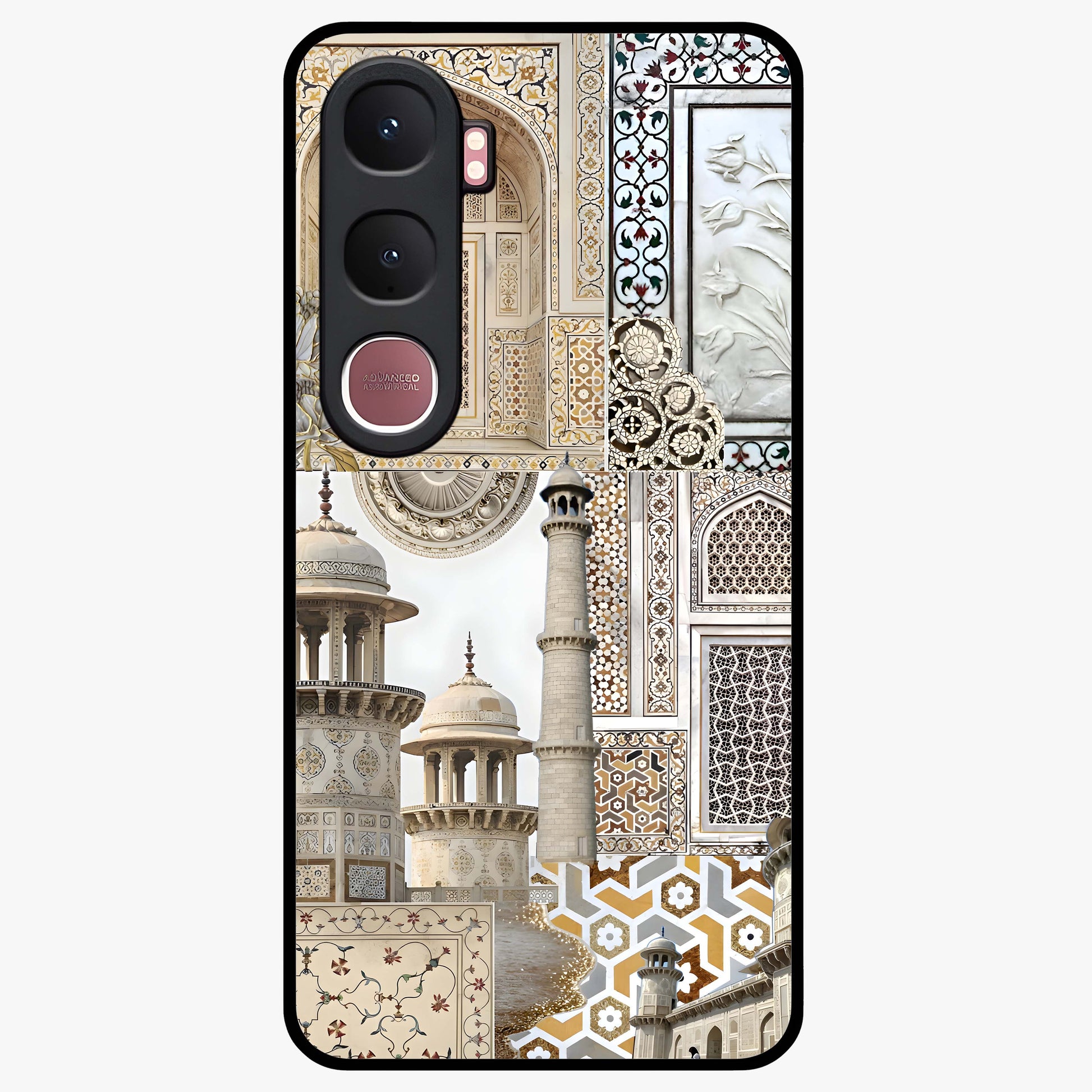 Mughal Marble Legacy Glass Case showing flat back view with intricate Mughal inspired marble pattern and glossy glass finish.