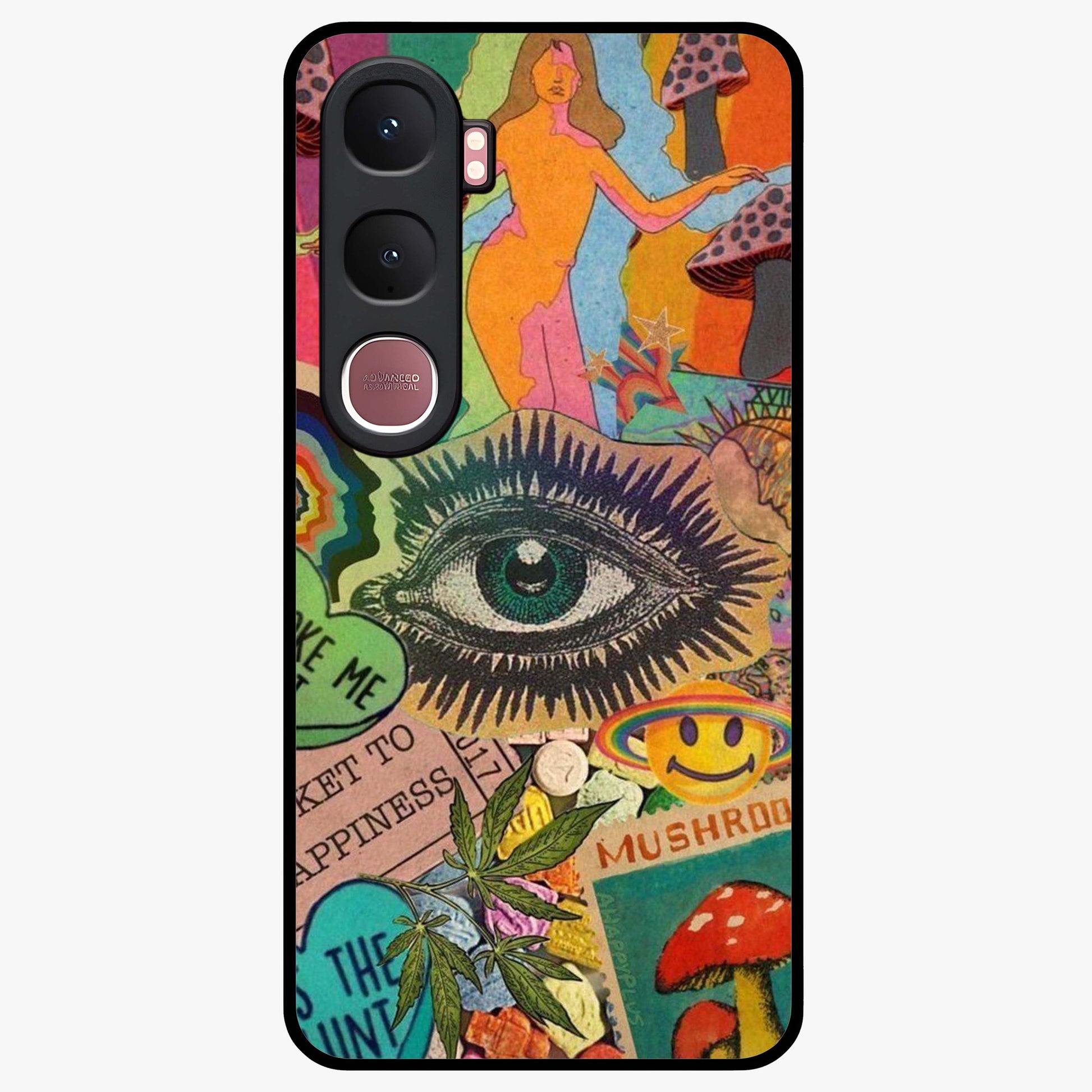 Mystic Eye Wonderland Glass Case showing flat back view with mystical eye themed artwork and glossy glass finish.