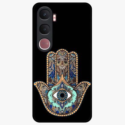 Mystic Hamsa Eye Glass Case showing flat back view with protective hamsa hand and evil eye artwork and glossy glass finish.