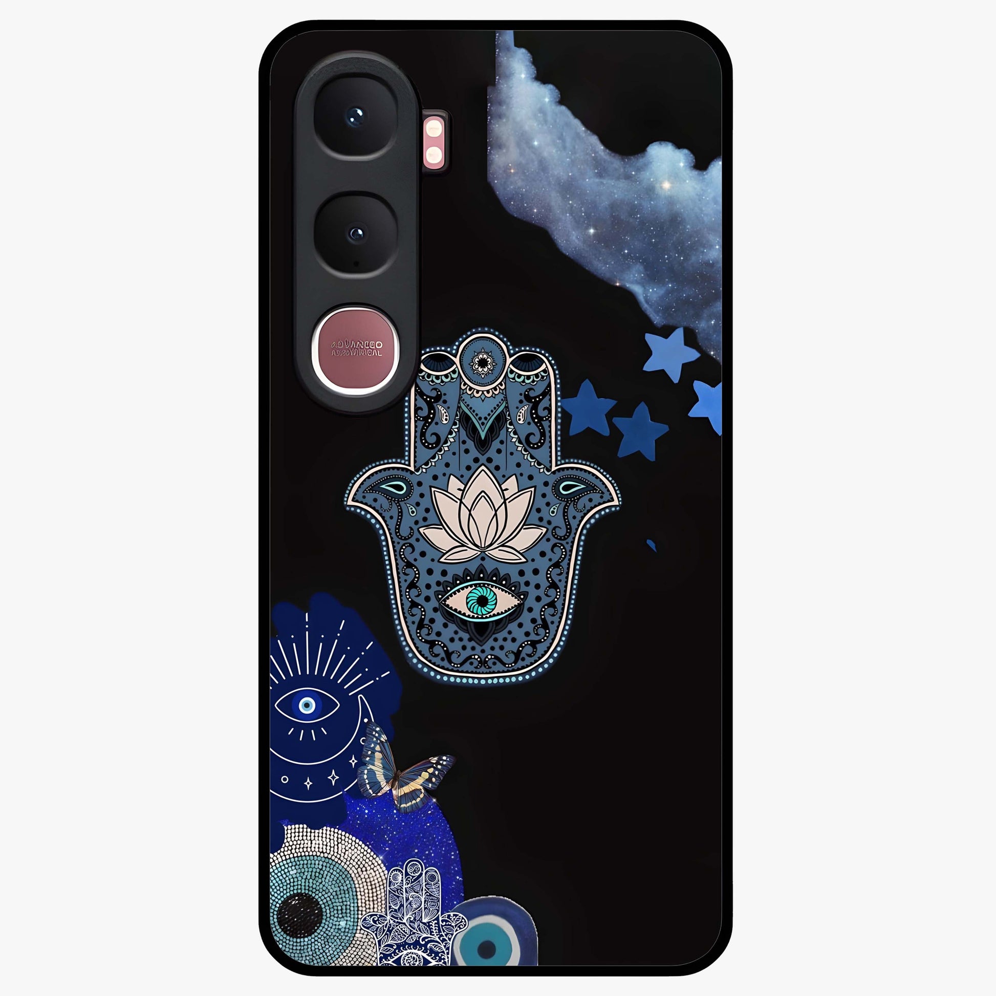 Mystic Hand Aura Glass Case showing flat back view with mystical hand symbol artwork and glossy glass finish.