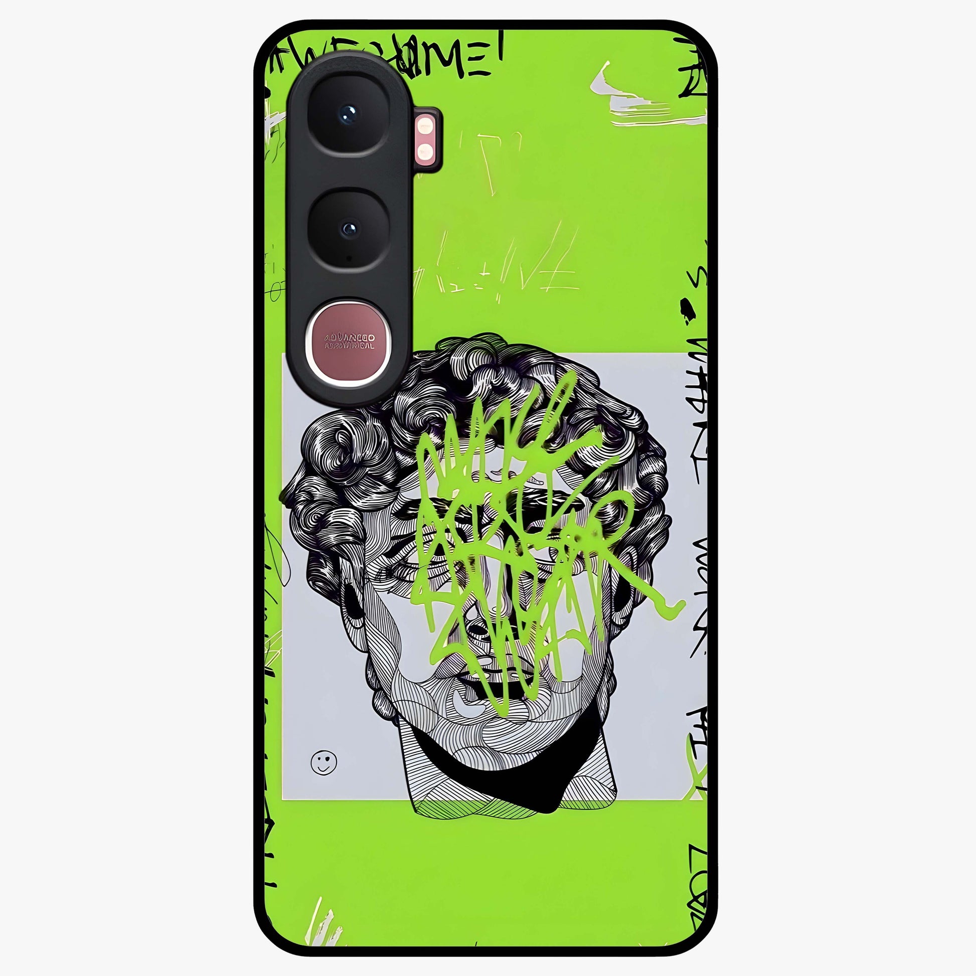 Neo Graffiti Rebellion Glass Case showing flat back view with vibrant graffiti artwork and glossy glass finish.