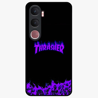 Neon Flame Riot Glass Case showing flat back view with neon flame artwork and glossy glass finish.