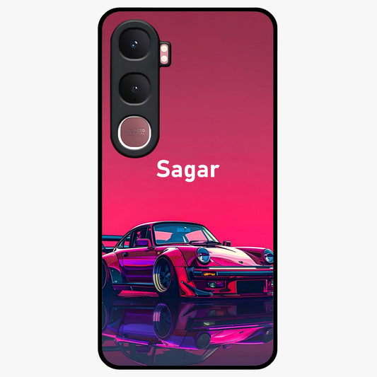 Neon Pink Porsche Glass Case showing flat back view with stylish sports car artwork and glossy glass finish.