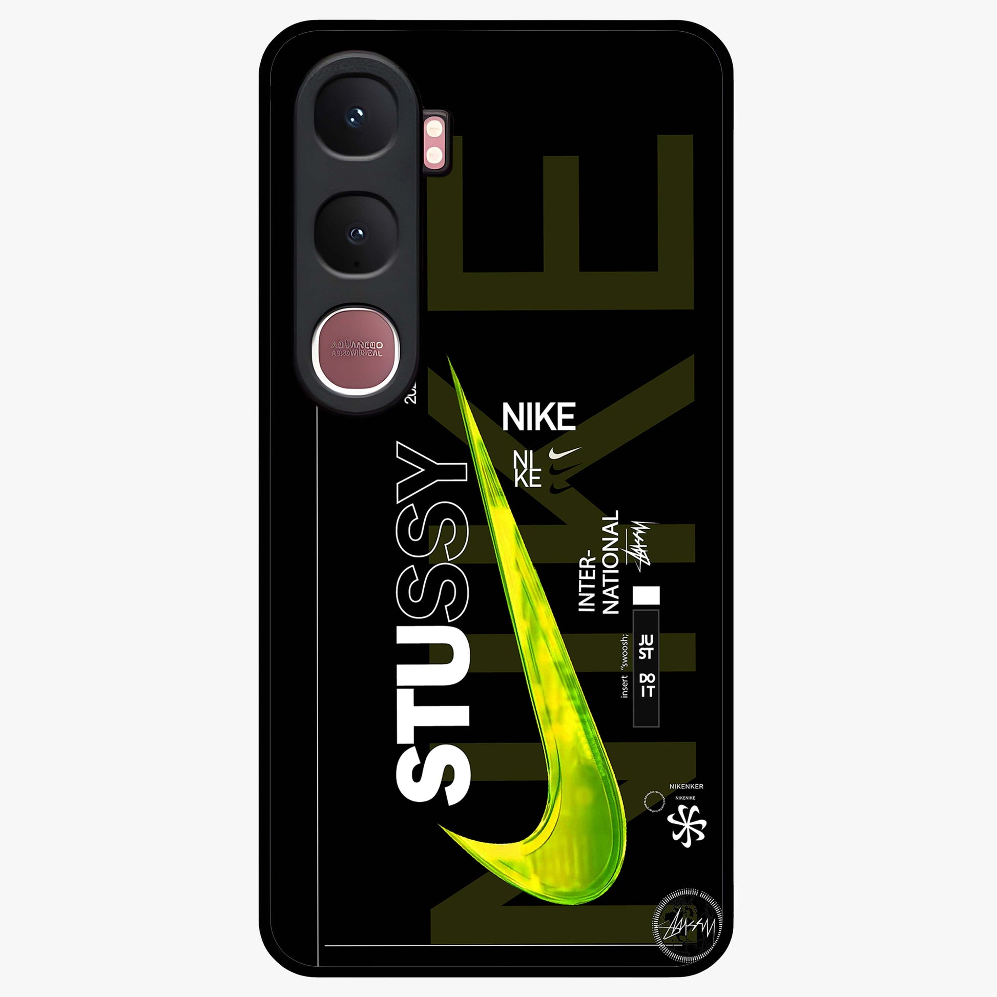 Neon Street Edition Glass Case showing flat back view with neon street style artwork and glossy glass finish.