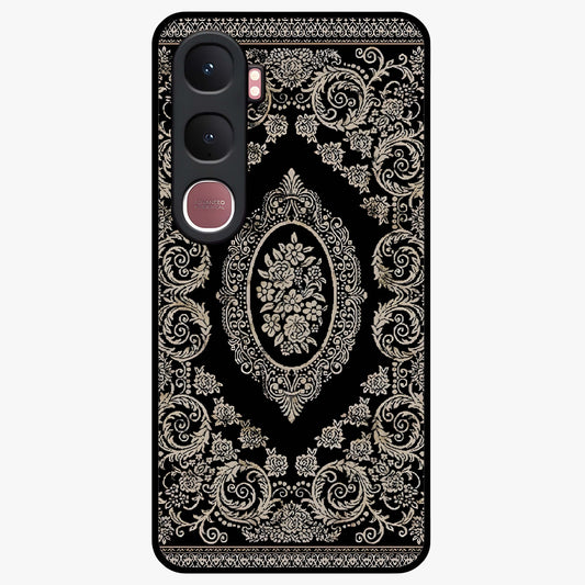 Noir Bloom Elegance Glass Case showing flat back view with elegant dark floral artwork and glossy glass finish.
