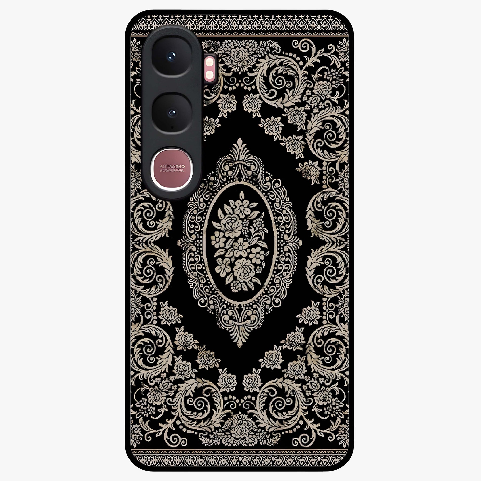 Noir Bloom Elegance Glass Case showing flat back view with elegant dark floral artwork and glossy glass finish.