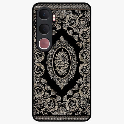 Noir Bloom Elegance Glass Case showing flat back view with elegant dark floral artwork and glossy glass finish.
