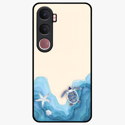 Ocean Drift Turtle Glass Case showing flat back view with sea turtle artwork and glossy glass finish.